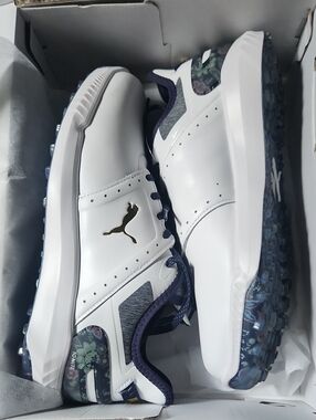 Puma Men’s White & Navy Golf Shoes with Gold Logo